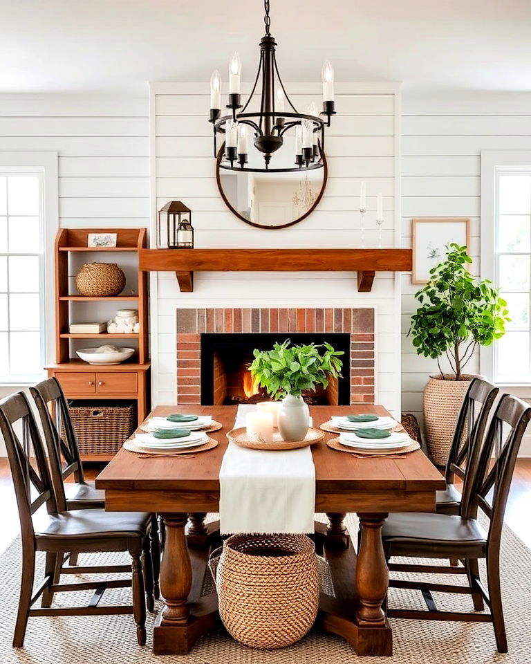 modern farmhouse dining room with shiplap fireplace