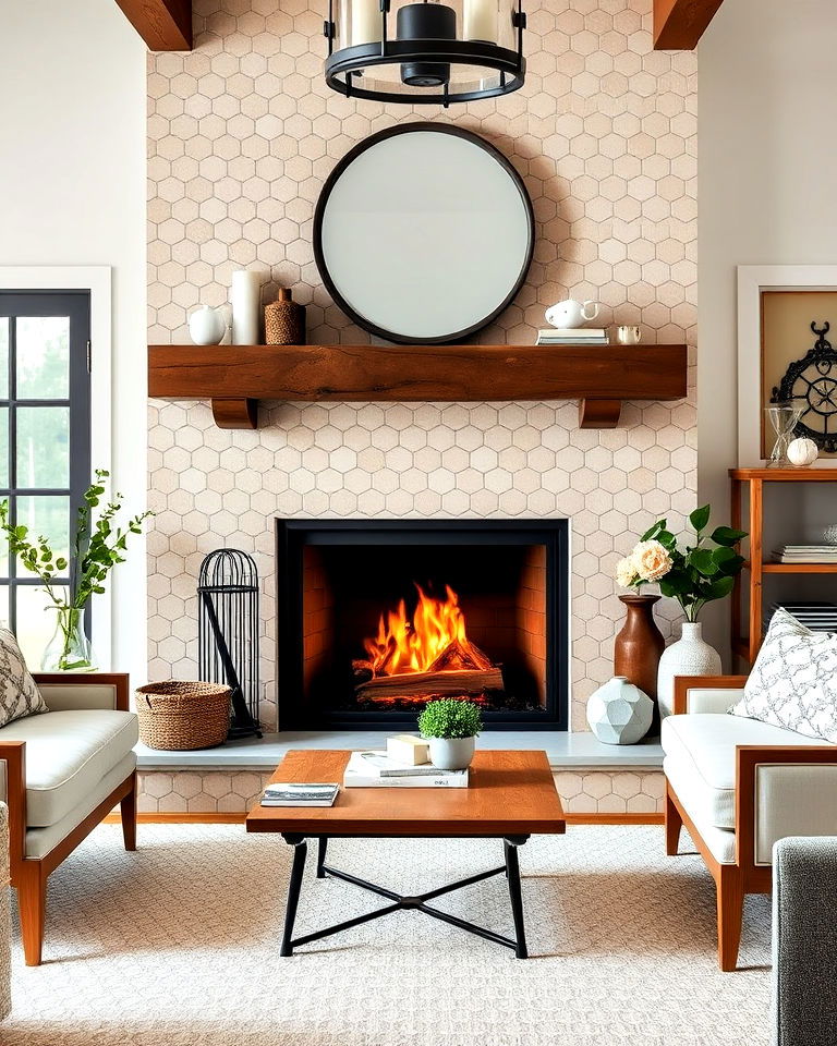 modern farmhouse hexagonal tile fireplace