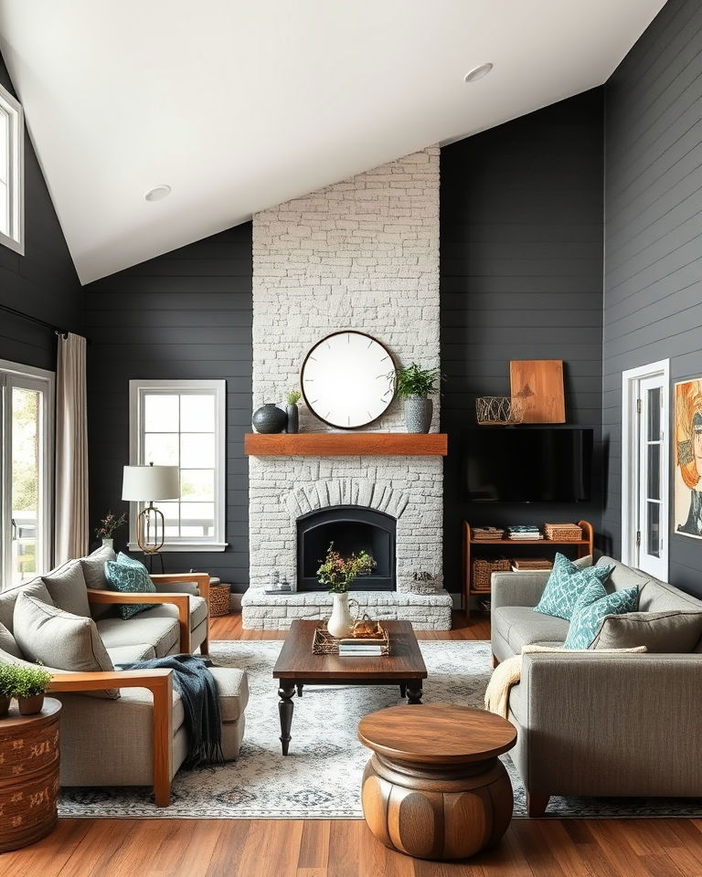 modern farmhouse living room with dark grey shiplap