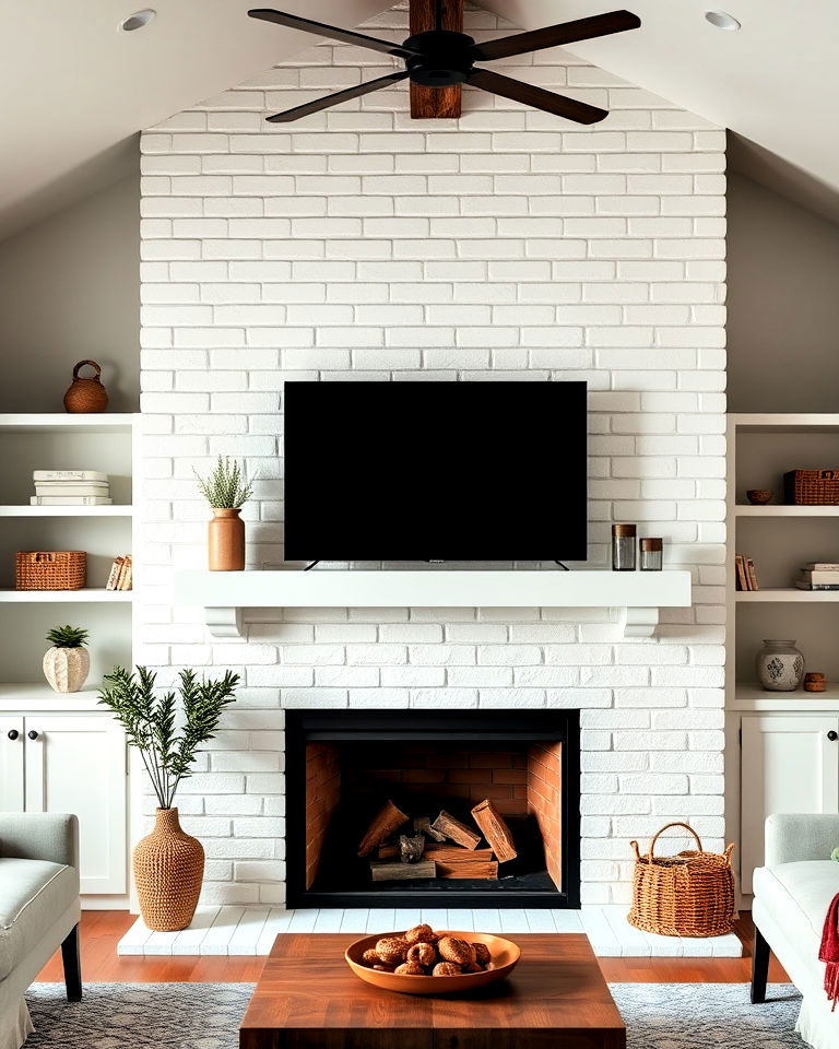 modern farmhouse white brick fireplace