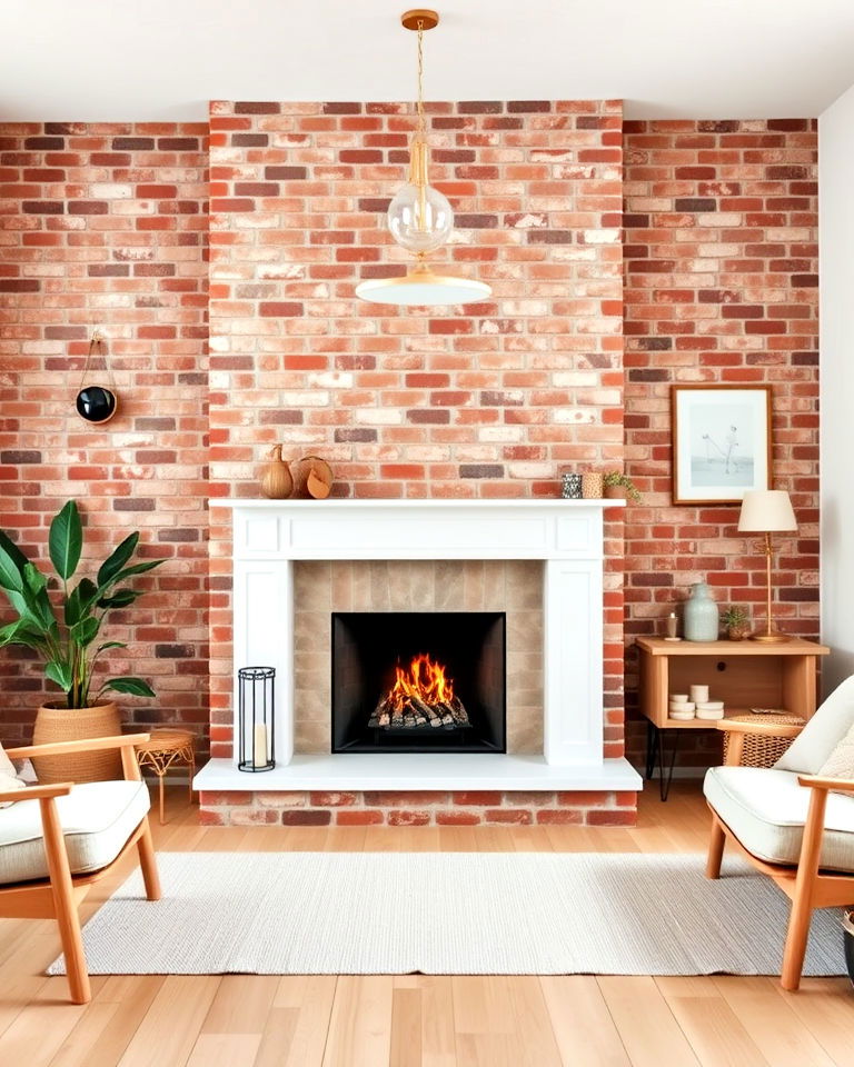 modern fireplace with exposed brick wall