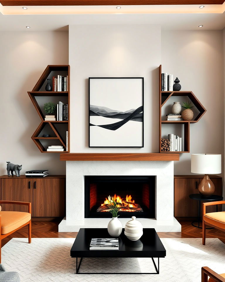 modern fireplace with geometric shelving