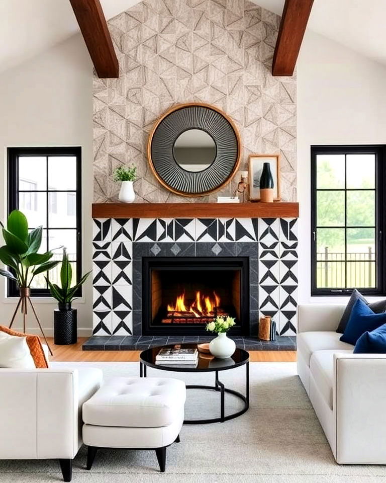 modern fireplace with geometric tile surround