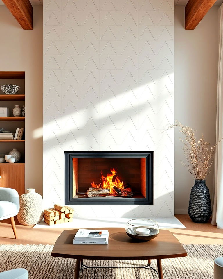 modern fireplace with geometric tile surround