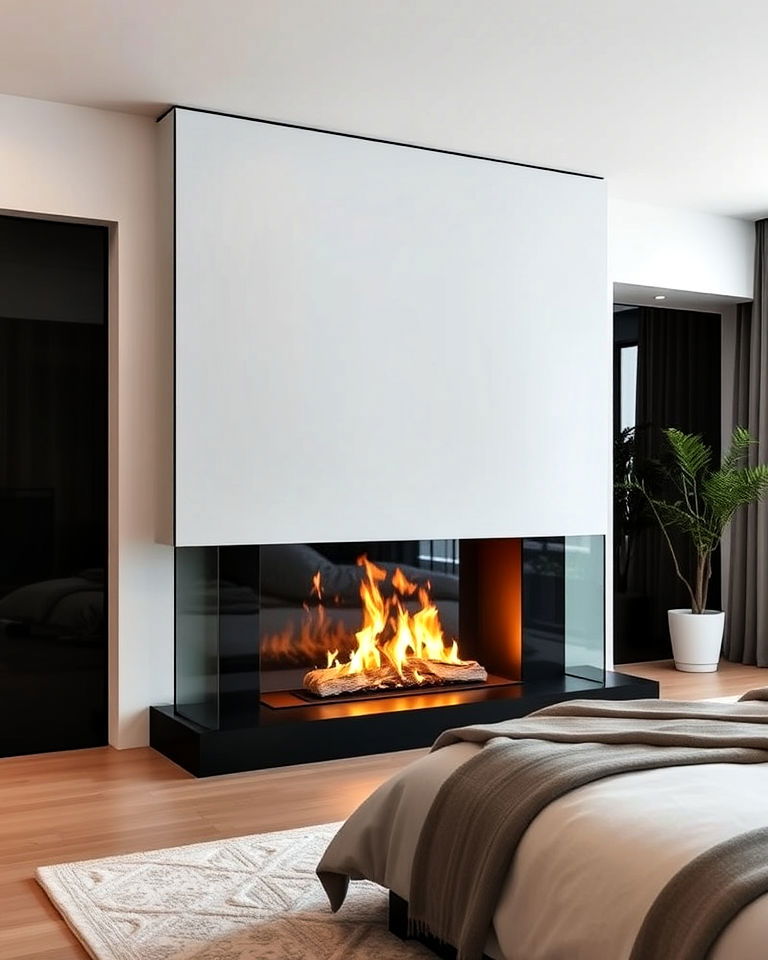 modern fireplace with glass surround