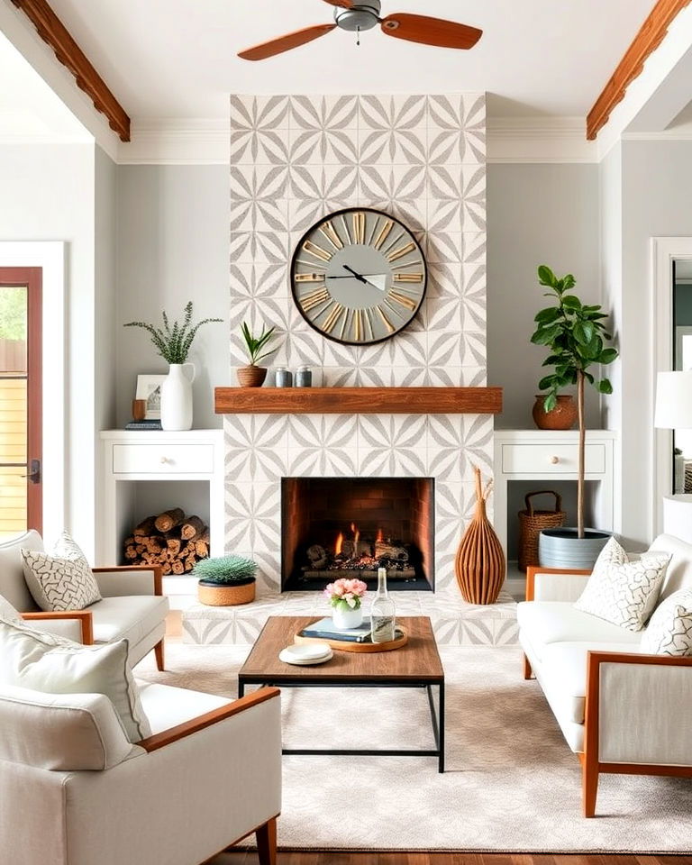 modern geometric cement tile fireplace