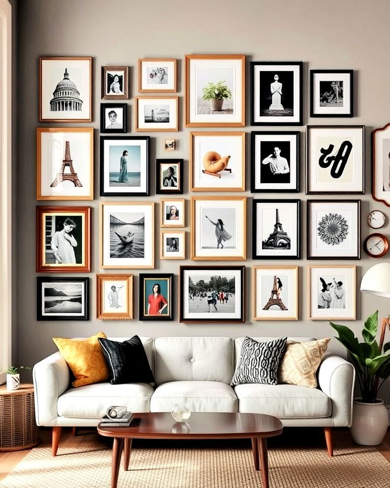 mix of sizes and shapes gallery wall
