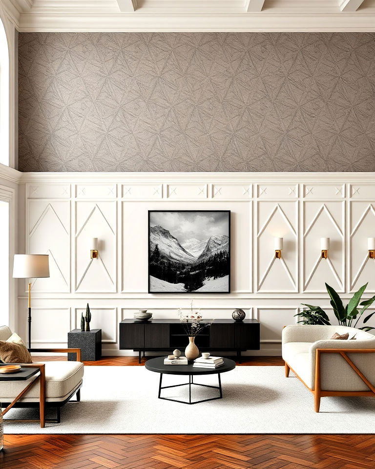 modern geometric living room wainscoting