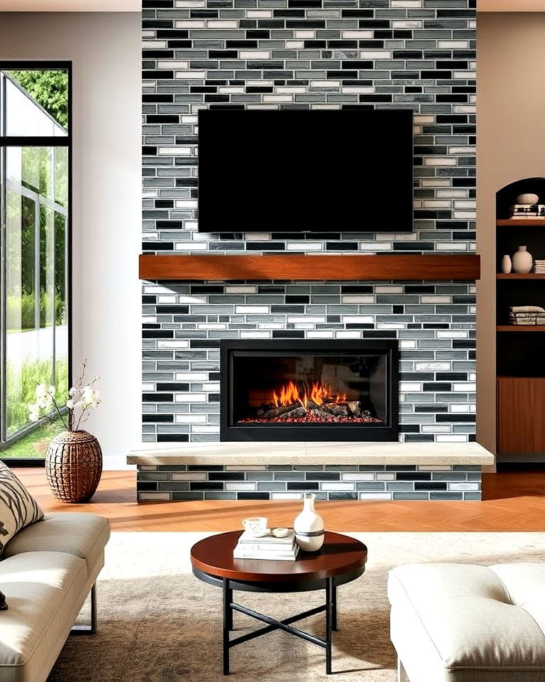 modern glass tile fireplace backsplash