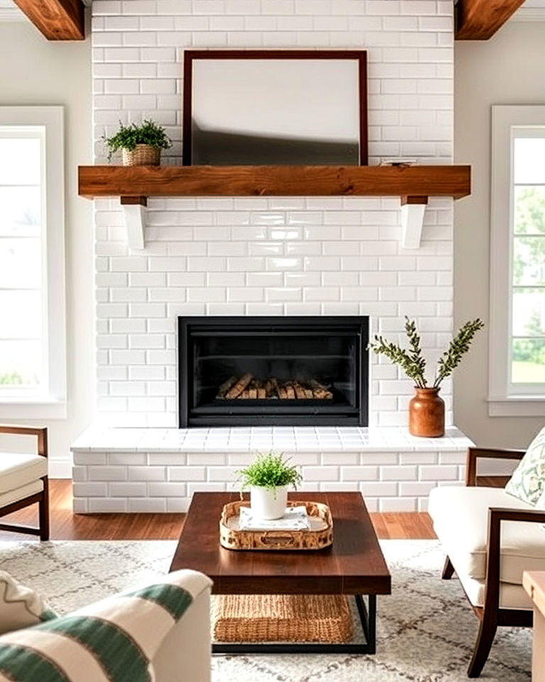 modern glossy subway tile fireplace