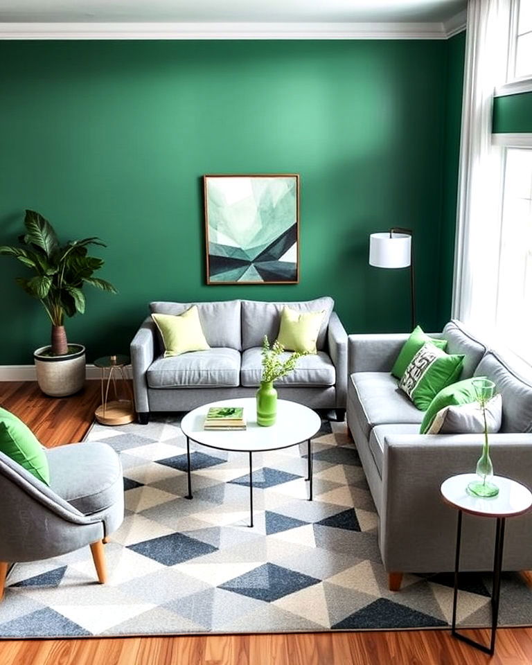 modern green and grey living room with geometric patterns
