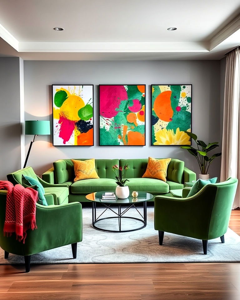 modern green and grey living room with pop art accents