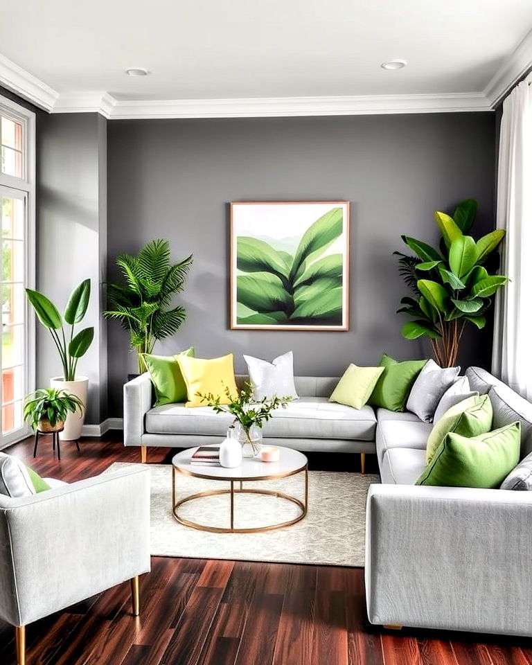 modern grey living room with dark wood floor and green accents