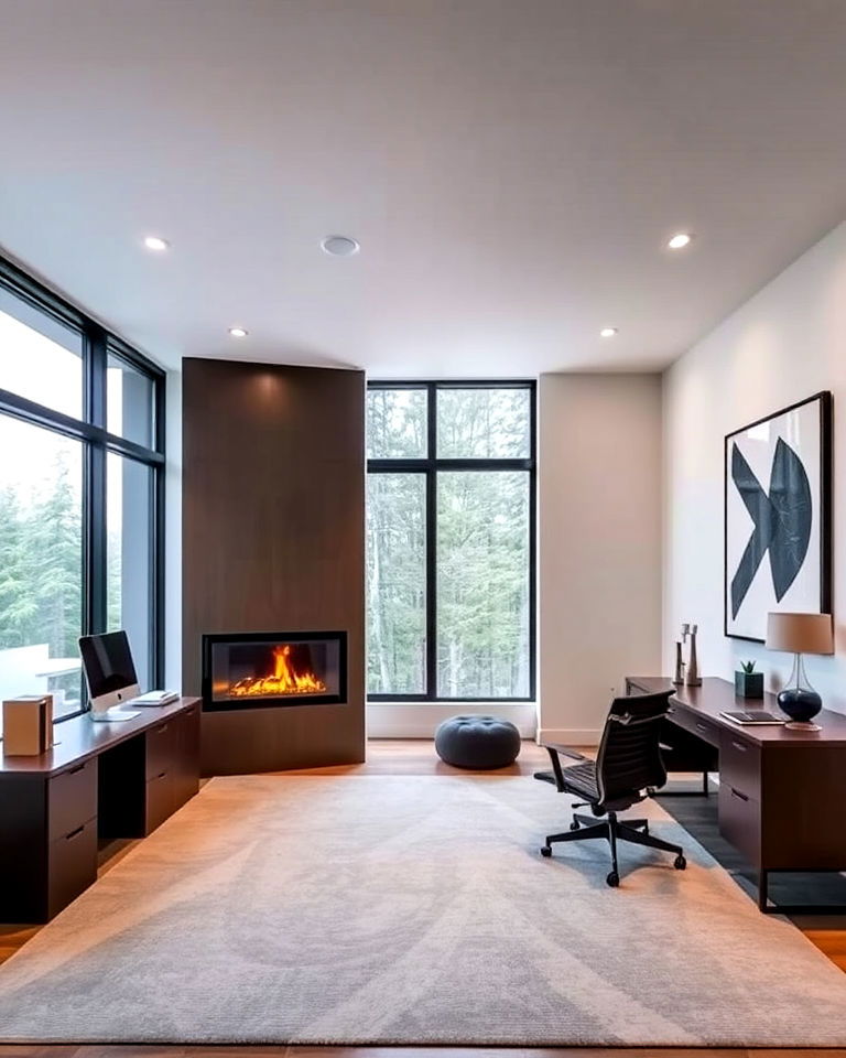 modern home office with floor to ceiling fireplace