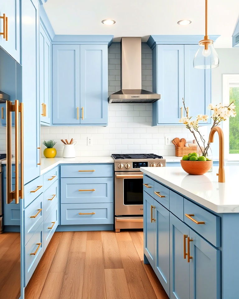 modern ice blue cabinets with gold flat bar handles