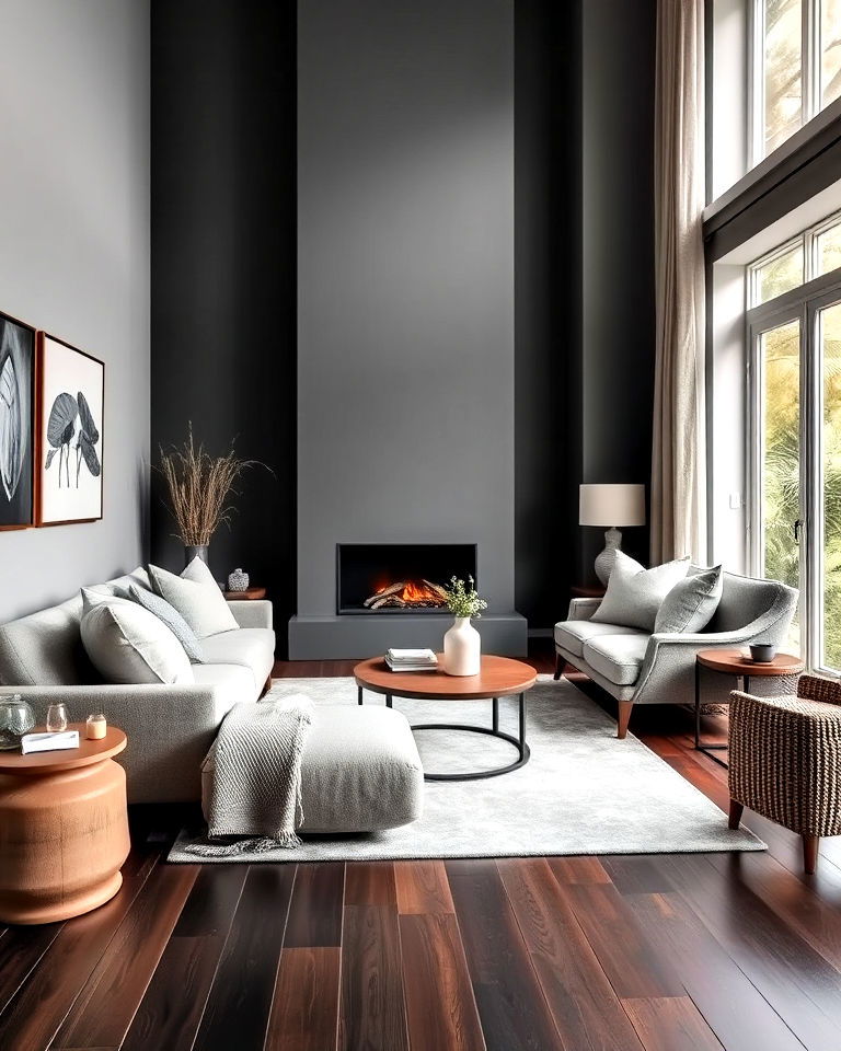 modern industrial grey living room with dark wood floor