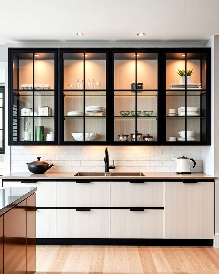 modern kitchen black framed glass cabinets