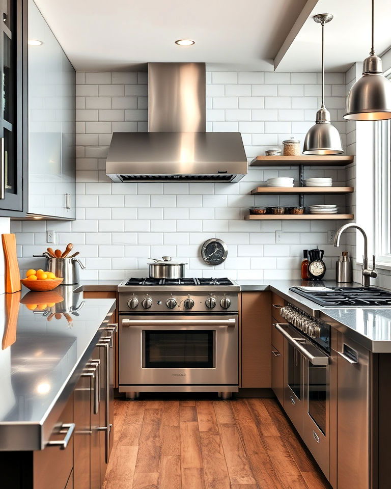 modern kitchen with stainless steel countertop and appliances