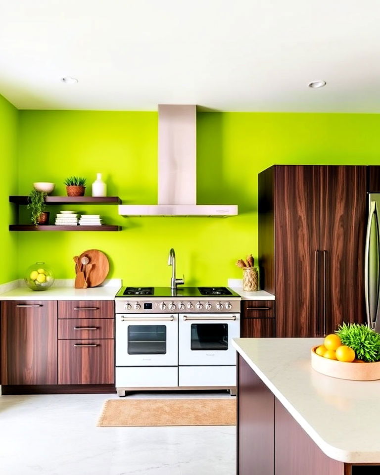 modern lime green walls with dark wood cabinets kitchen