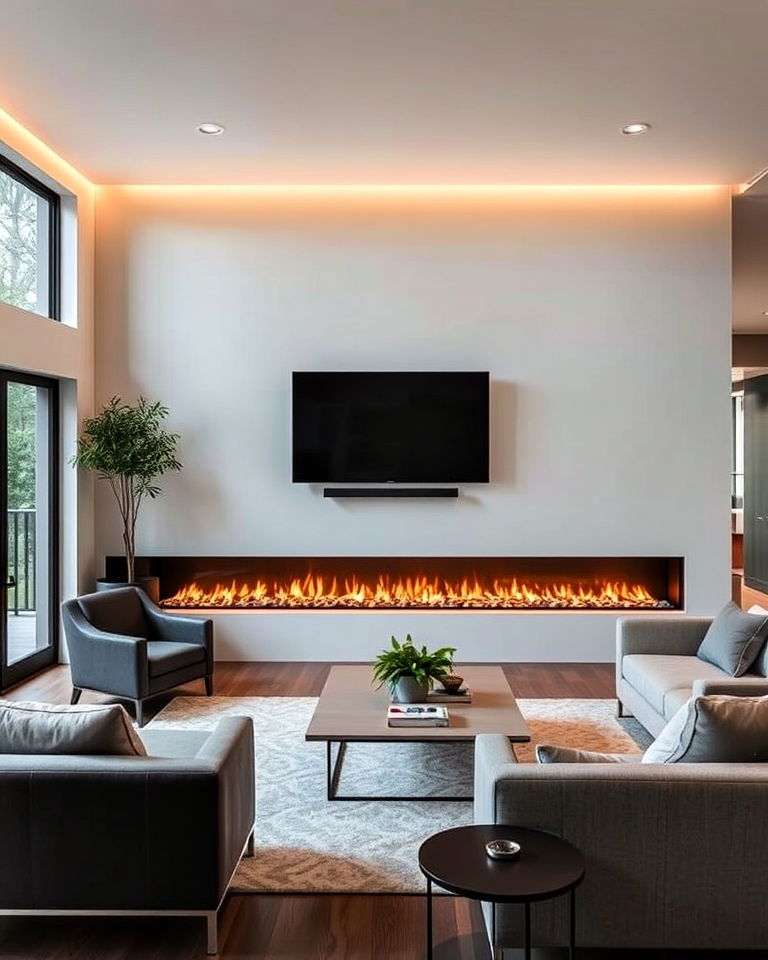 modern linear fireplace living room