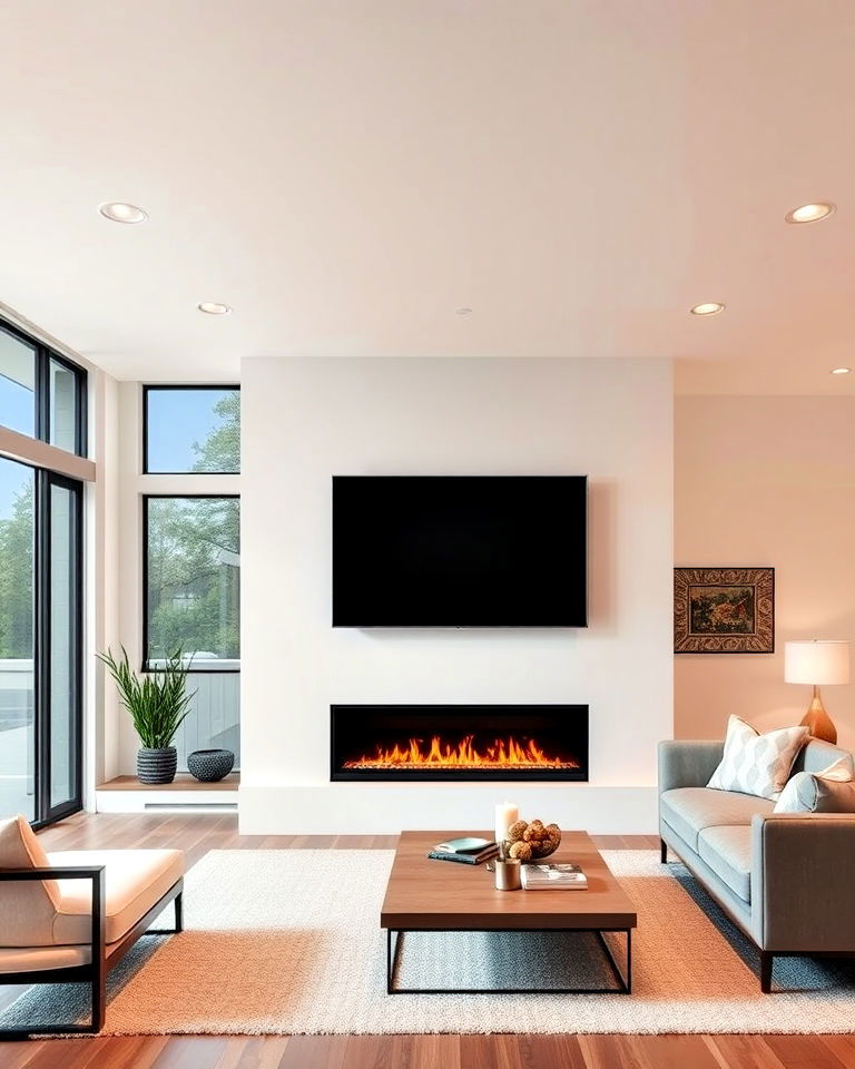 modern linear gas floor to ceiling fireplace