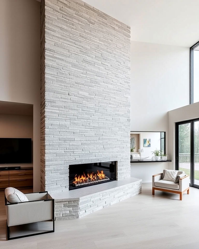 modern linear stone fireplace with floor to ceiling design