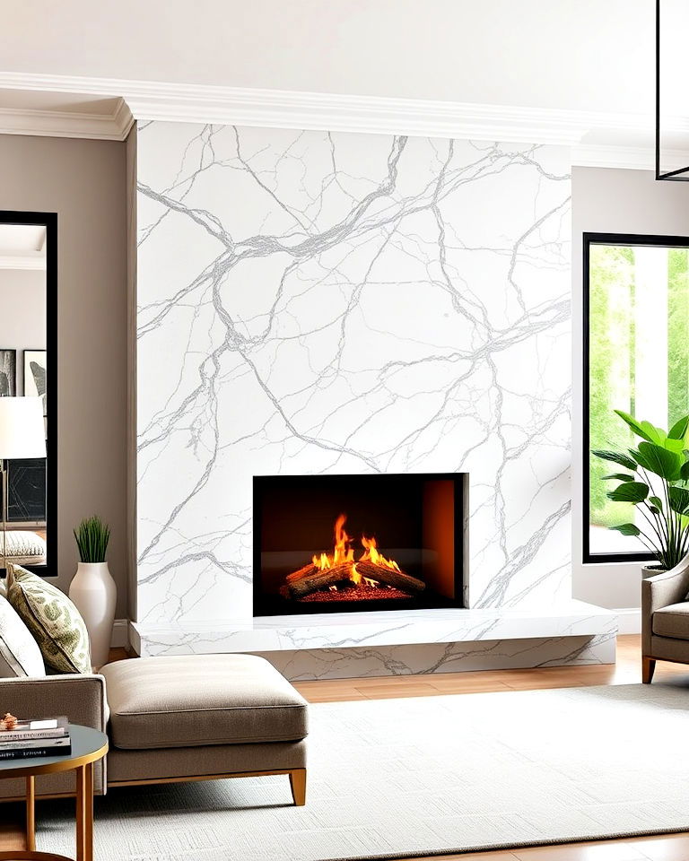 modern marble fireplace with floating hearth