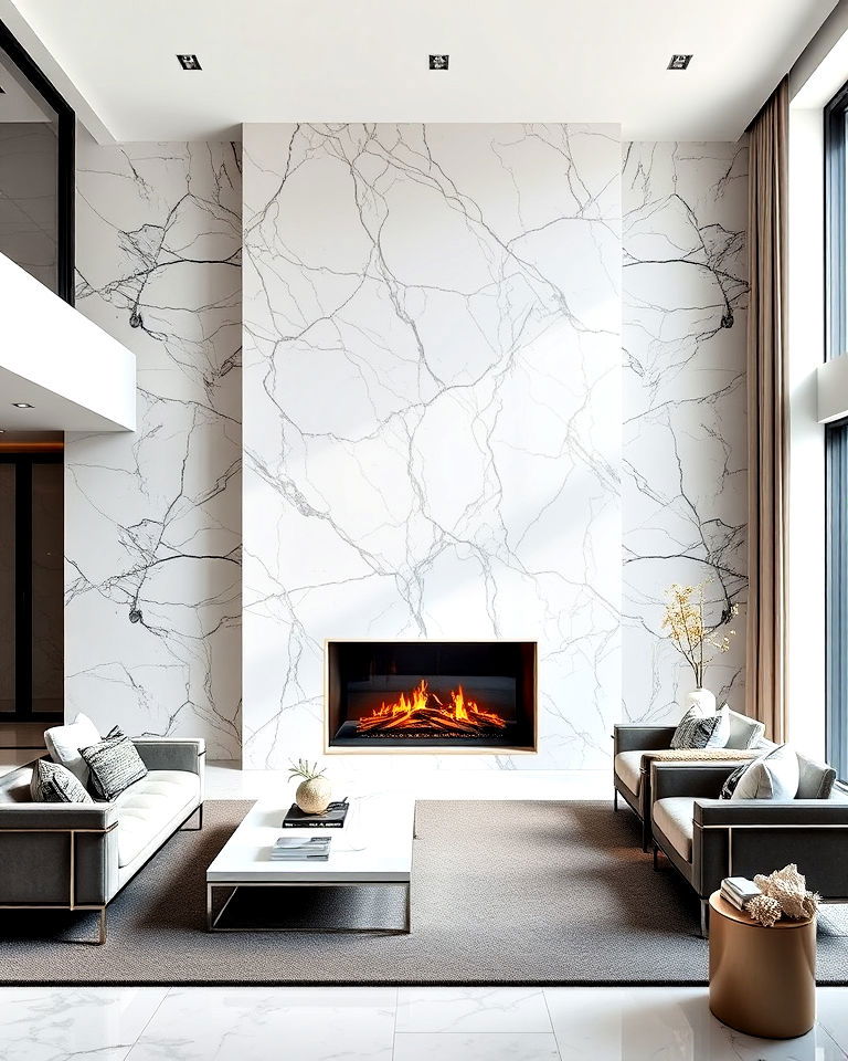 modern marble floor to ceiling fireplace