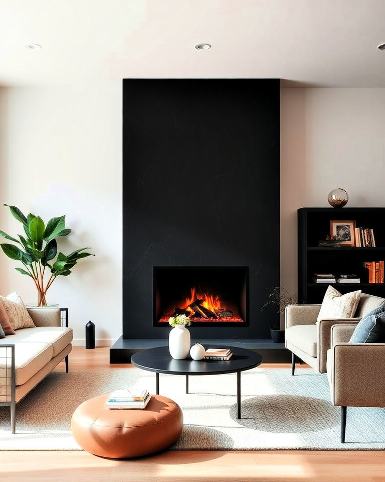 modern minimalist black stone fireplace