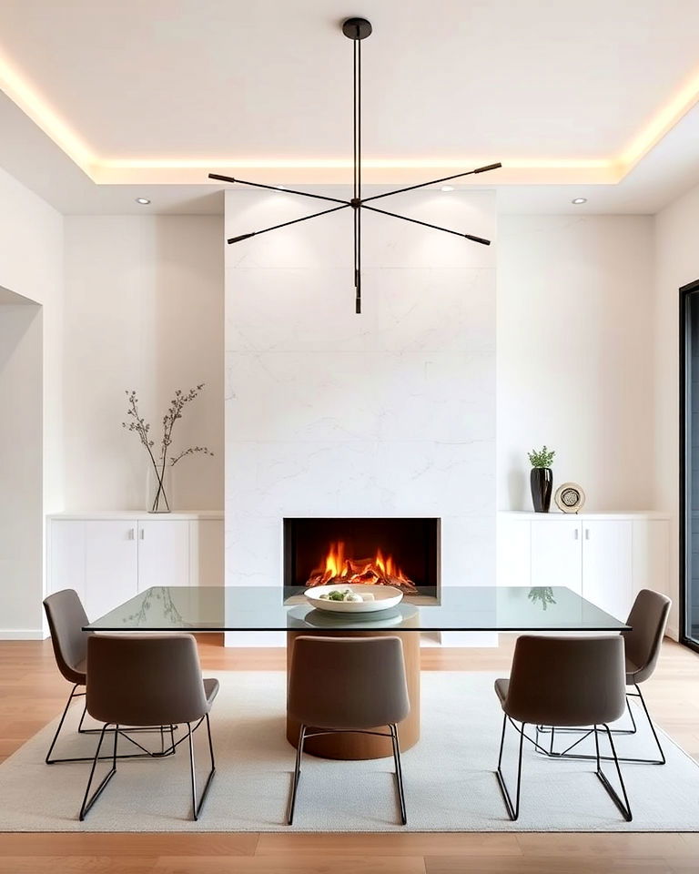 modern minimalist dining room with sleek fireplace