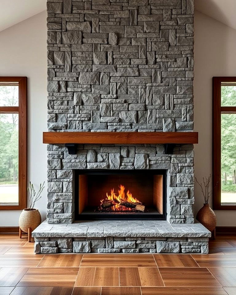 modern minimalist floor to ceiling stone fireplace