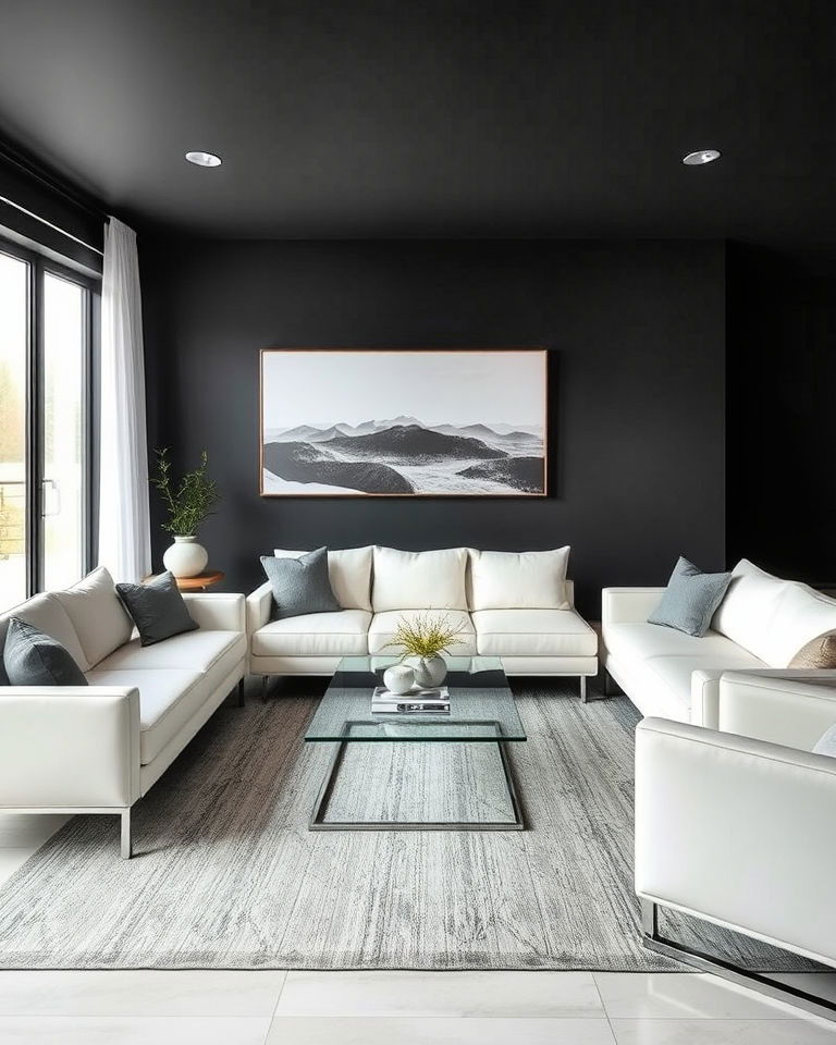 modern minimalist living room with dark grey accent