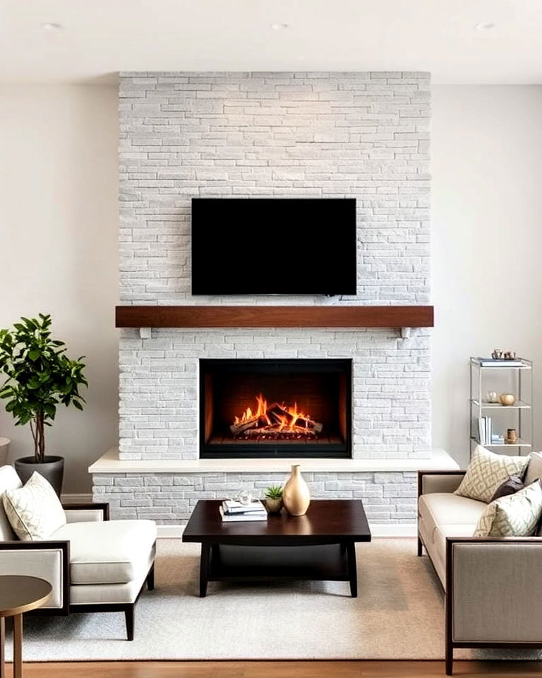 modern minimalist stacked stone fireplace