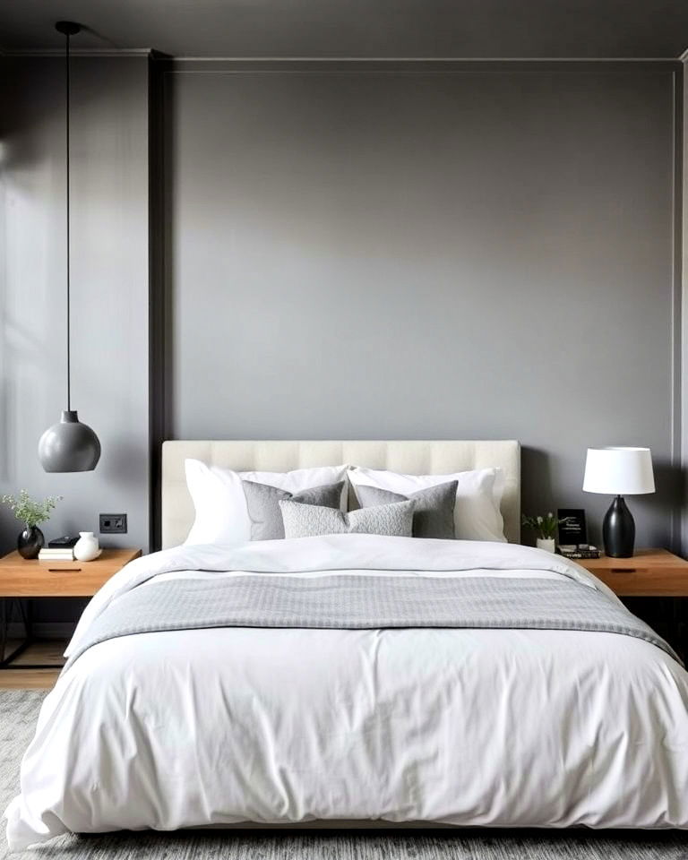 modern monochrome bedroom with a single tone of limewash