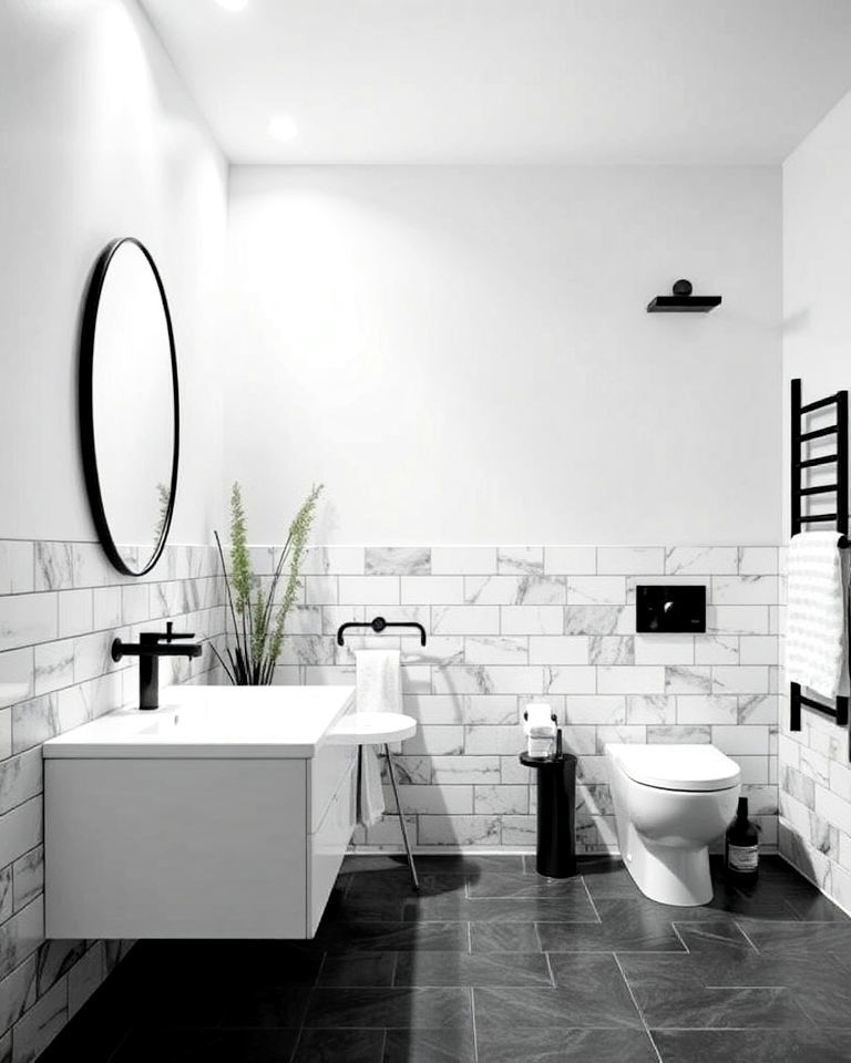 modern monochrome half wall tile bathroom with dark grout