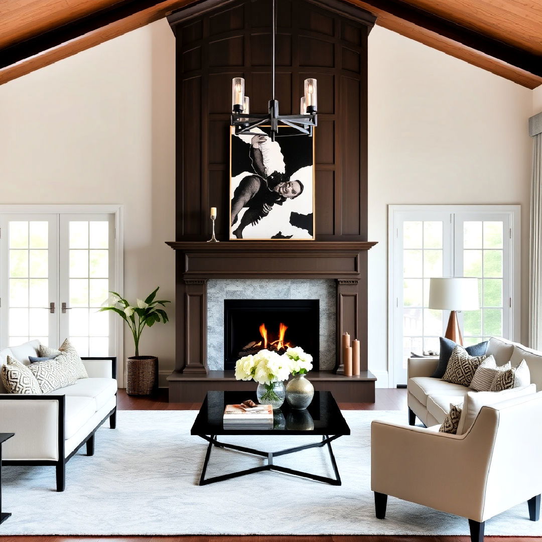 modern off center fireplace with classic elements