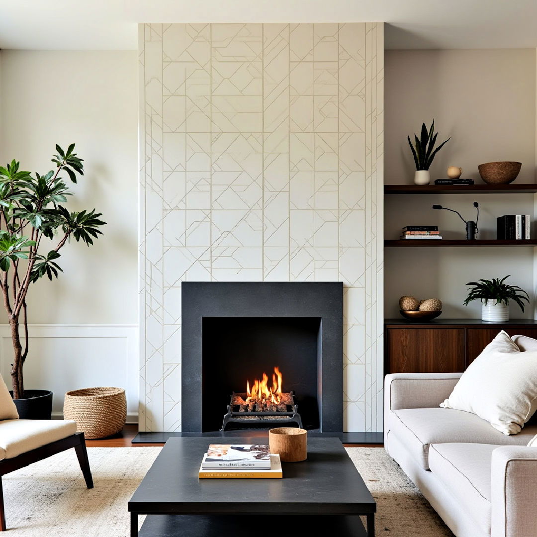 modern off center fireplace with geometric design