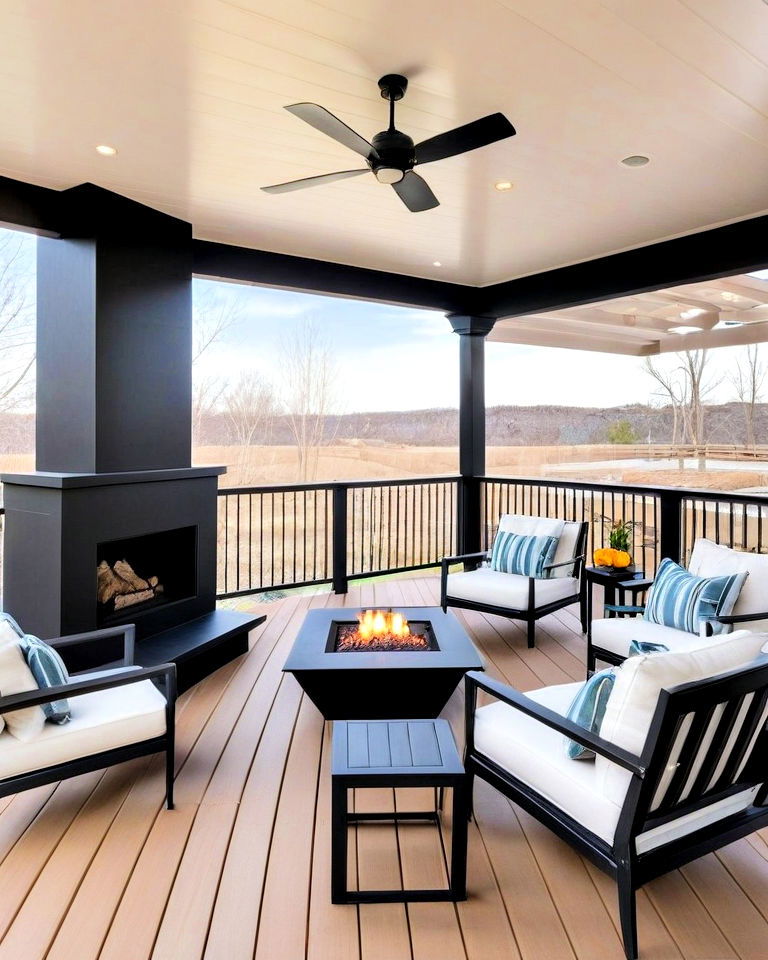 modern outdoor deck with sleek black fireplace