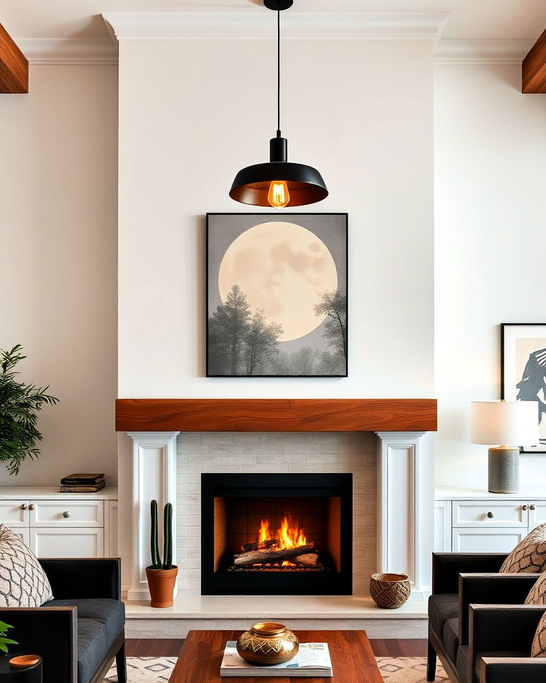 modern pendant lights hung above the fireplace