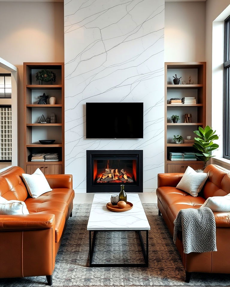 modern quartz surround with built in shelving