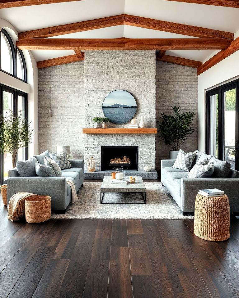 modern rustic and grey living room with dark wood floor