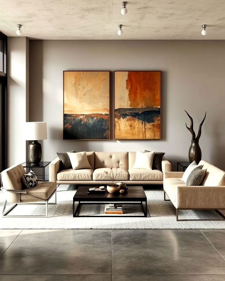 modern rustic art pieces on concrete floors