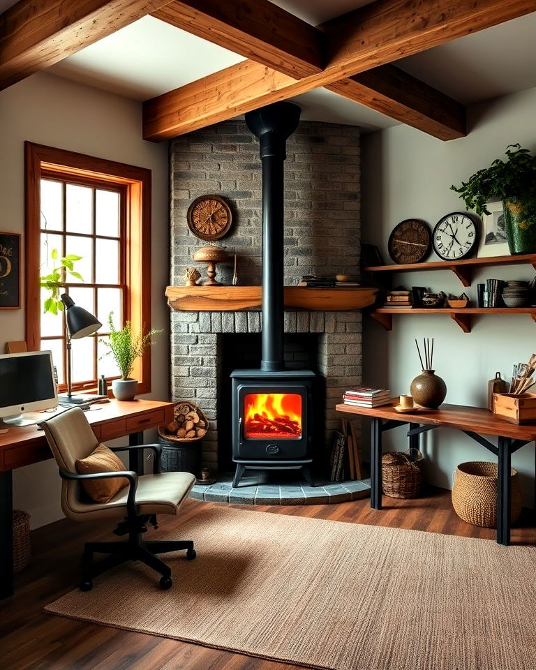 modern rustic office with wood burning stove