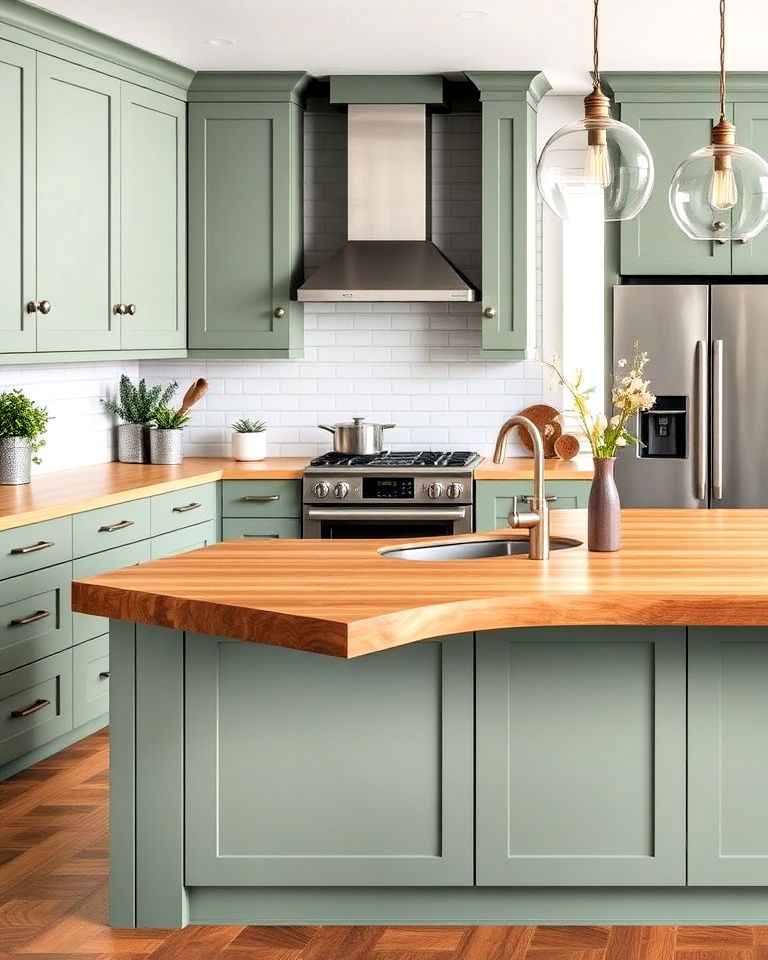 modern sage green cabinets with waterfall butcher block counter