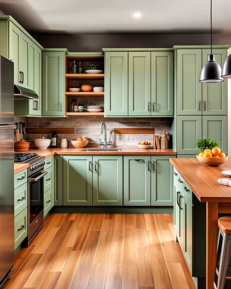 modern sage green kitchen cabinets with wood accents