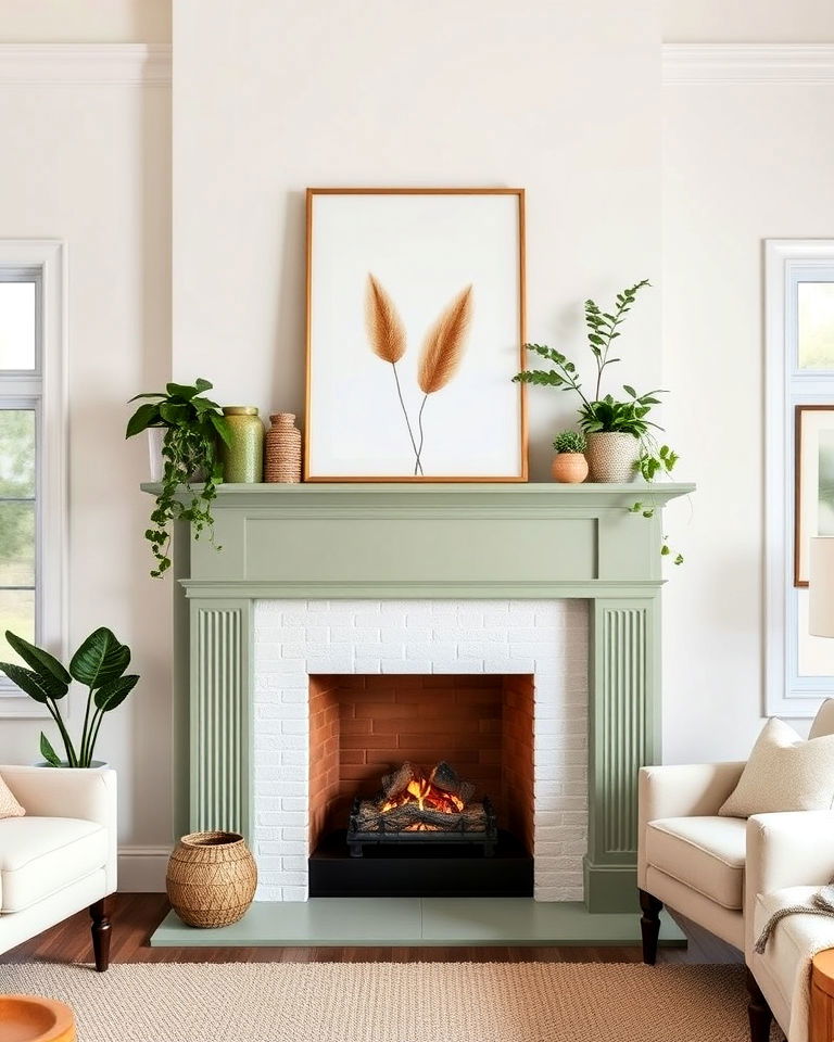 modern sage green painted mantel