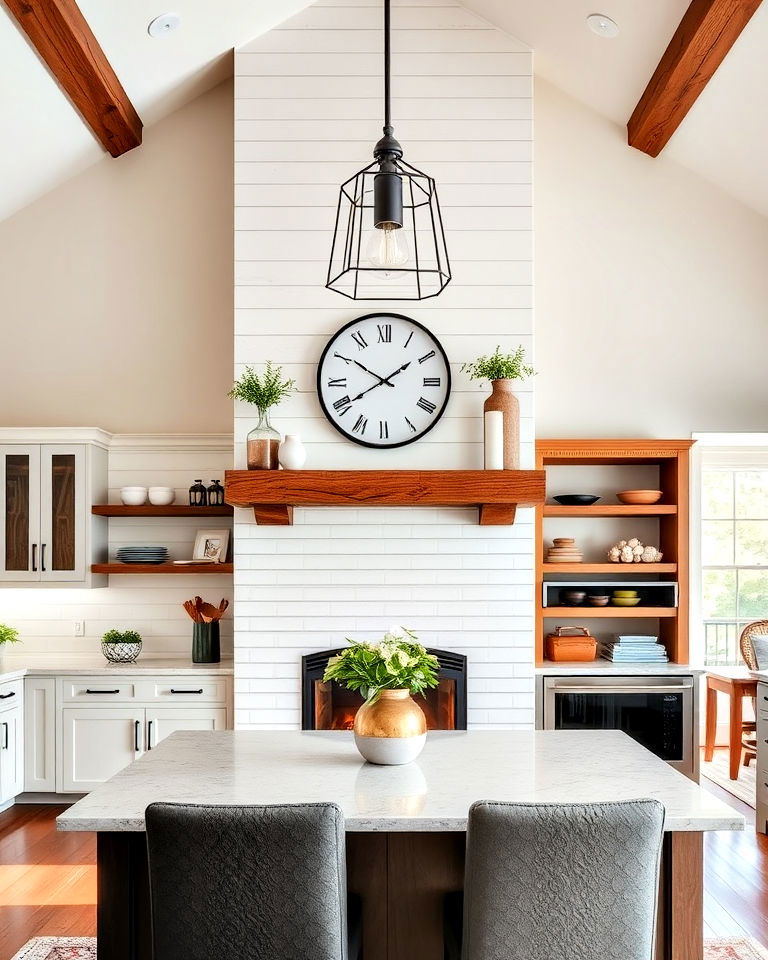 modern shiplap fireplace in a transitional kitchen