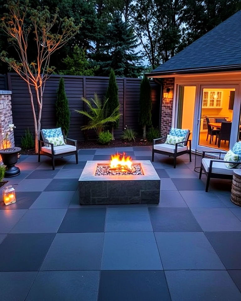 modern slate patio with a fire pit