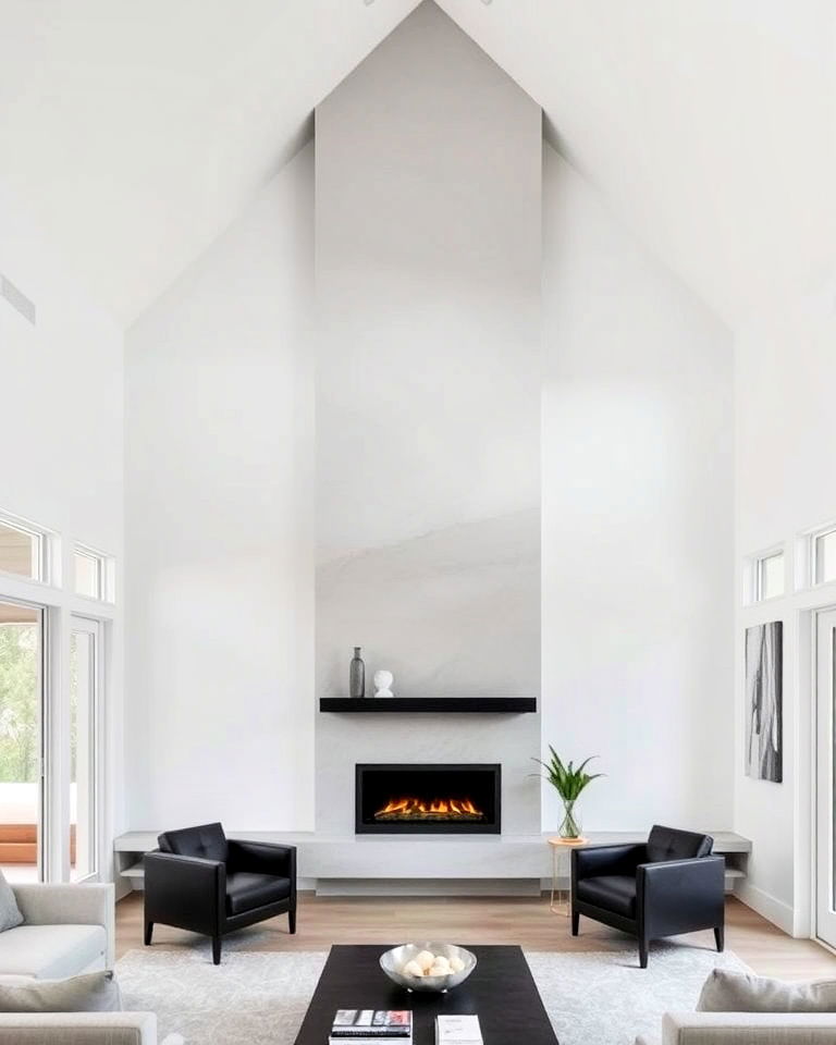 modern sleek fireplace beneath vaulted ceilings