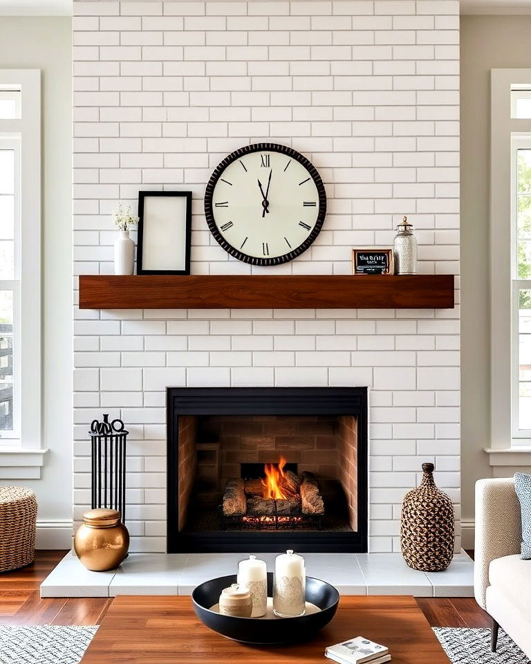 modern subway tile fireplace surround